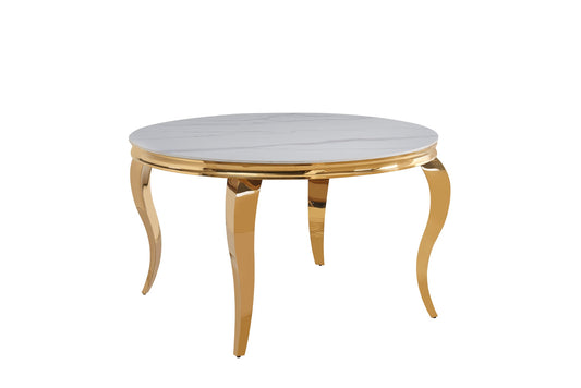 TABLE BAROQUE RONDE GOLD CERAMIQUE MARBRE BLANC 130x75cm