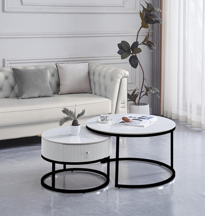 TABLE BASSE GIGOGNE SAMIRA METAL NOIR TIROIR CERAMIQUE MARBRE BLANC 80+60CM