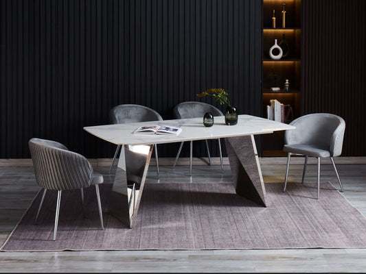 TABLE A MANGER GRAFFI PIED CHROME PLATEAU EN CERAMIQUE MARBRE BLANC180x90x75cm