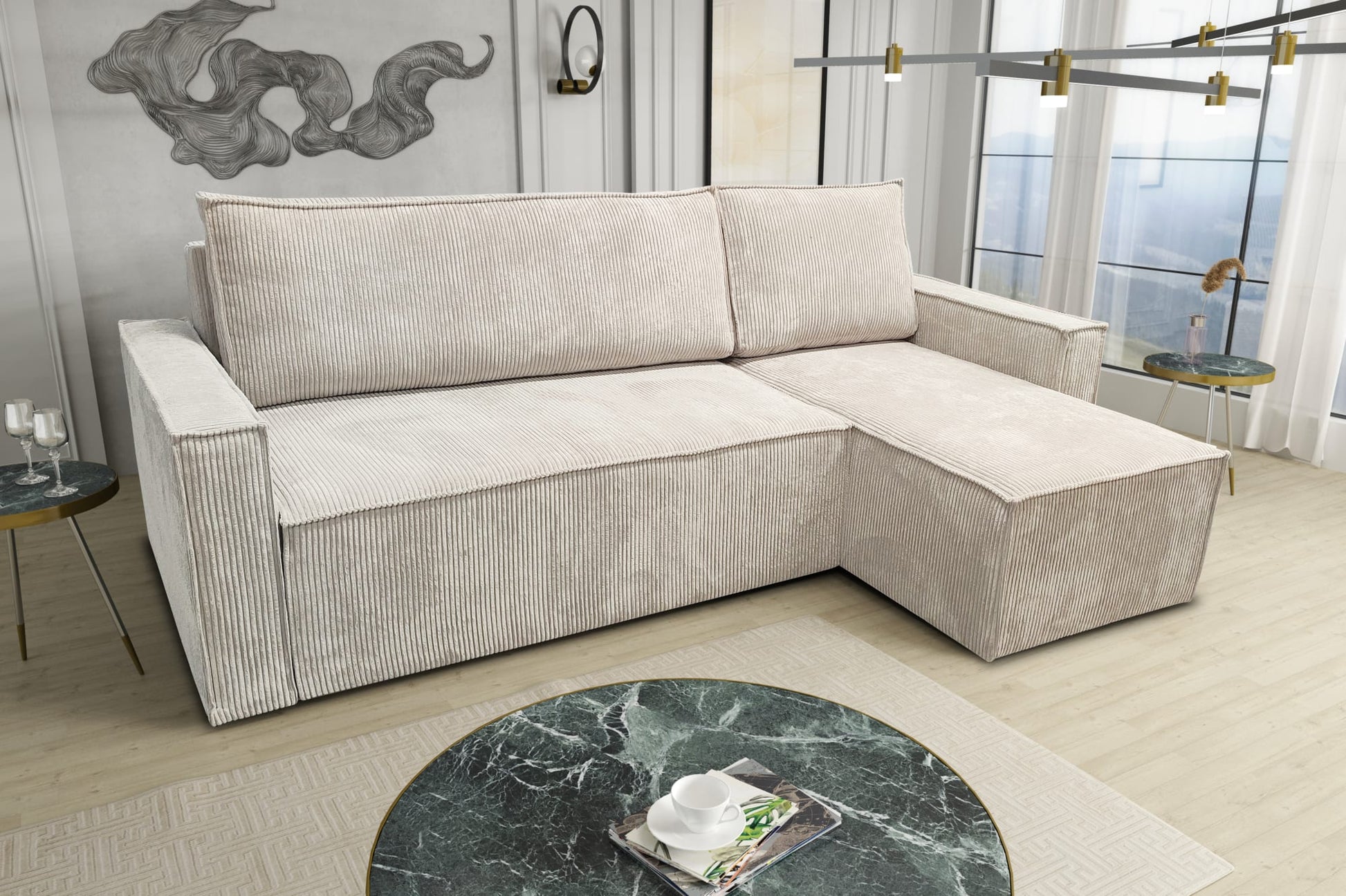 CANAPE PARIS PEARL CONVERTIBLE ANGLE REVERSIBLE CÔTELÉ ÉCRU 232x147x72cm