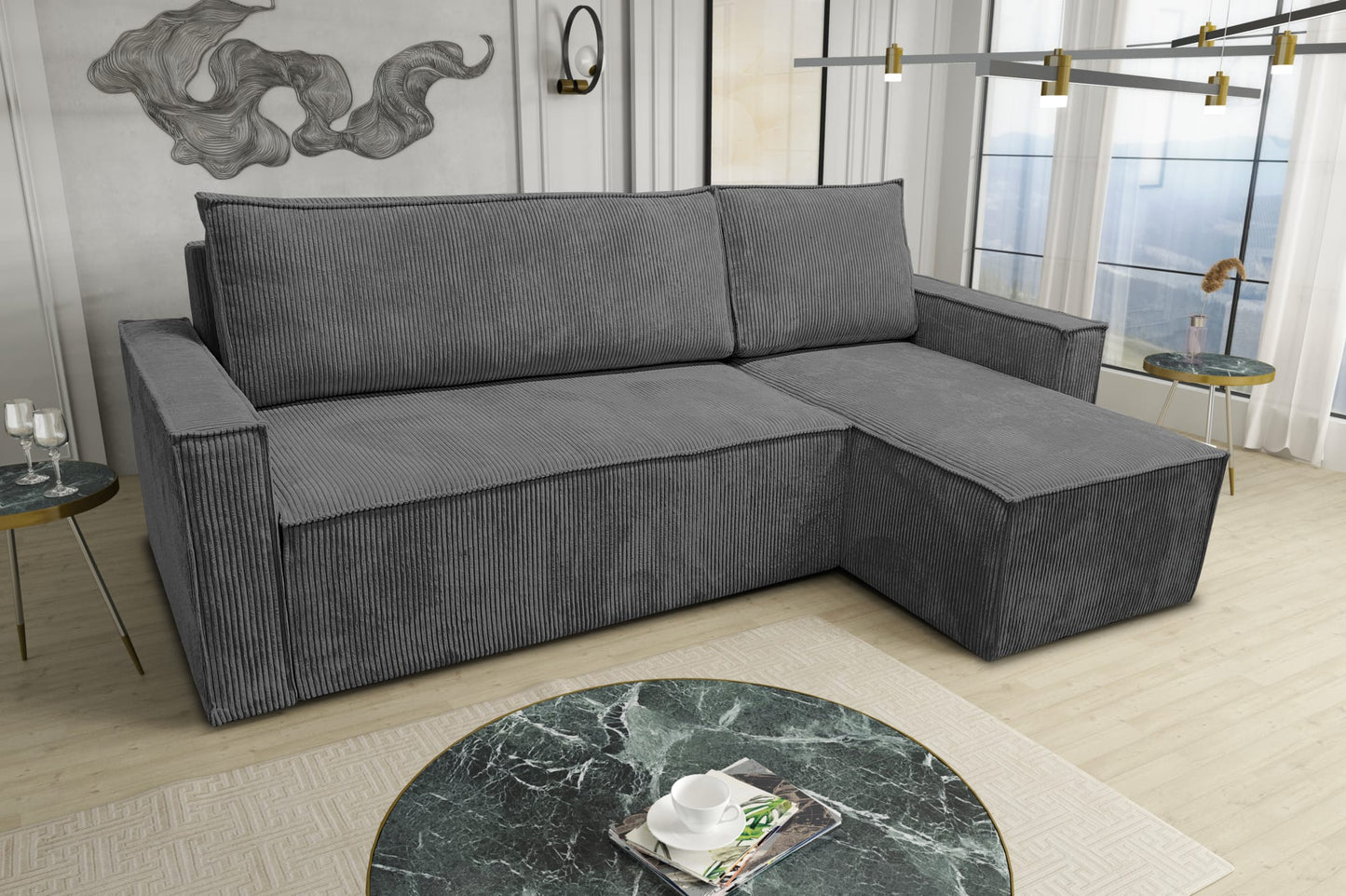 CANAPE PARIS PEARL CONVERTIBLE ANGLE REVERSIBLE CÔTELÉ GRIS 232x147x72cm