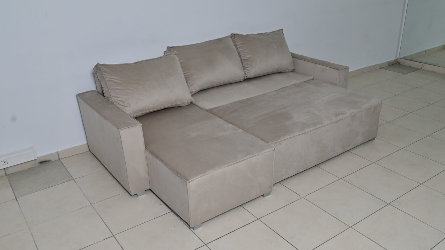 CANAPE PARIS PEARL CONVERTIBLE ANGLE REVERSIBLE VELOURS BEIGE  232x147x72cm