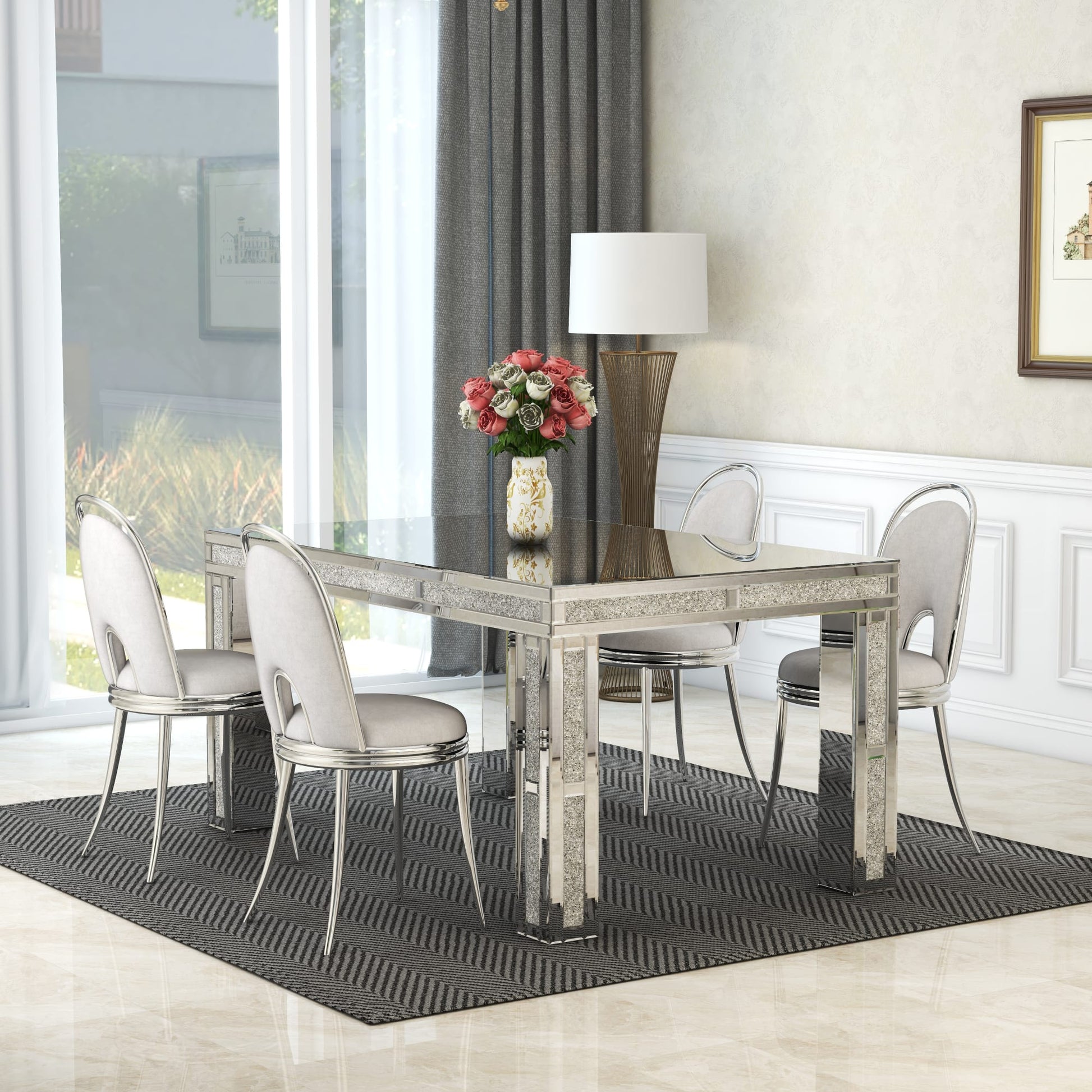 TABLE REPAS RECTANGULAIRE PLATEAU EN VERRE MIROIR COLLECTION ECLAT
