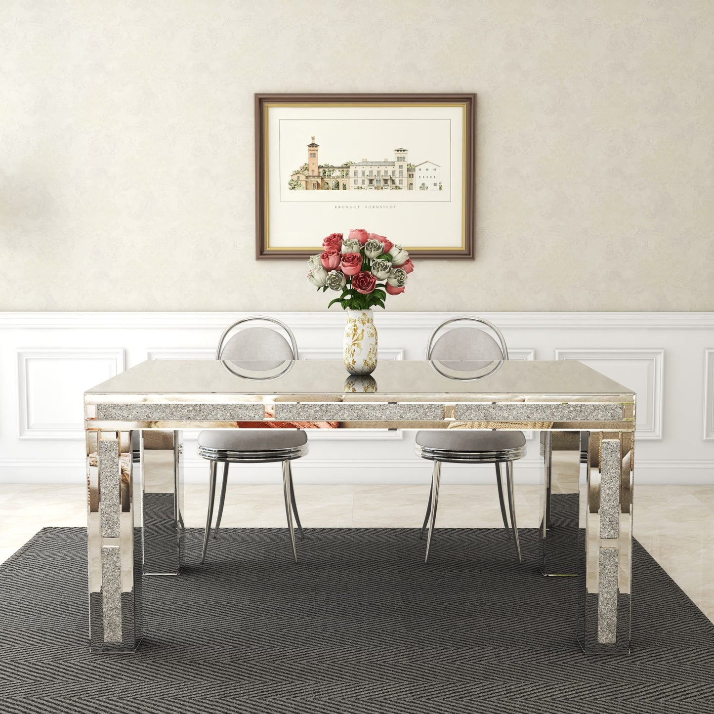 TABLE REPAS RECTANGULAIRE PLATEAU EN VERRE MIROIR COLLECTION ECLAT