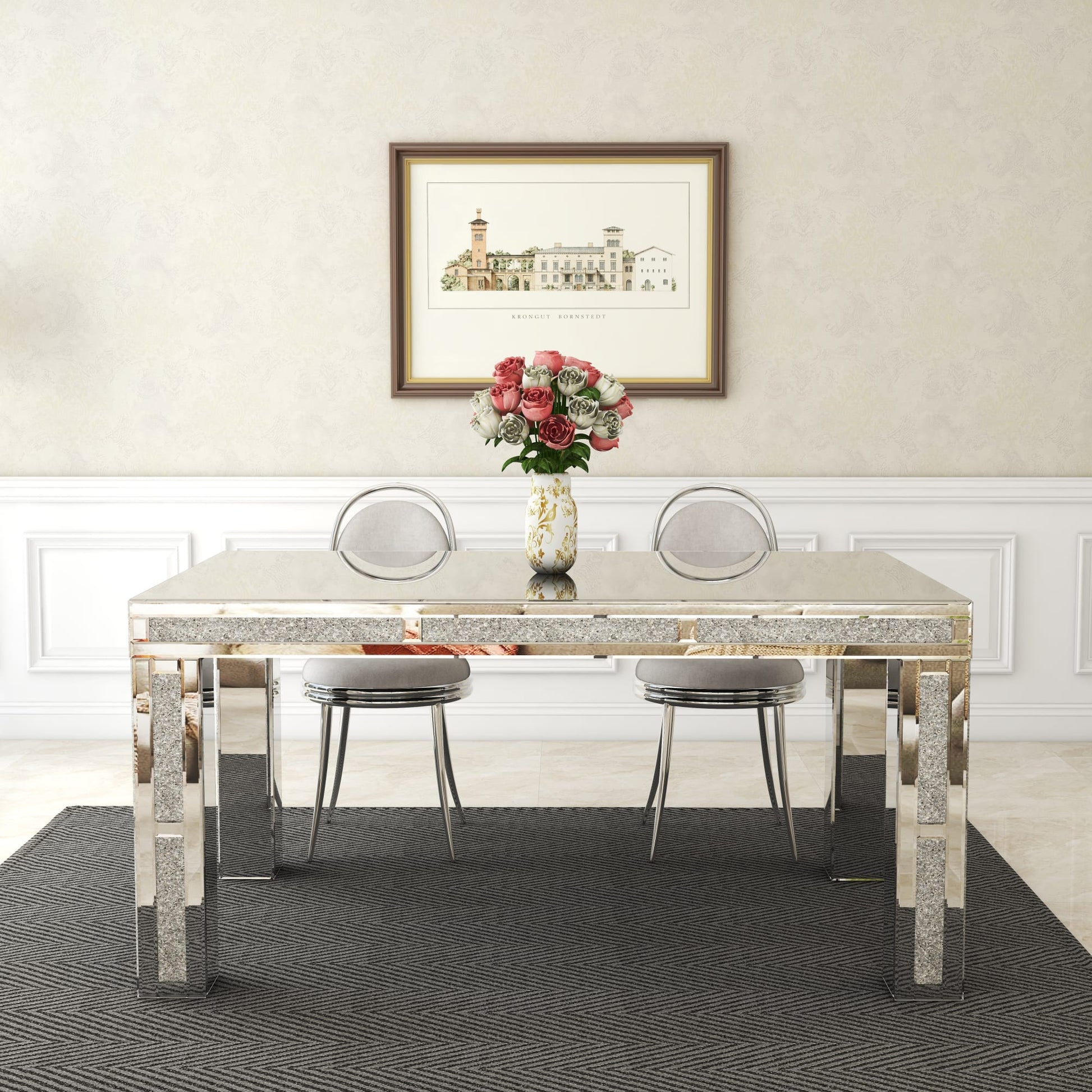 TABLE REPAS RECTANGULAIRE PLATEAU EN VERRE MIROIR COLLECTION ECLAT