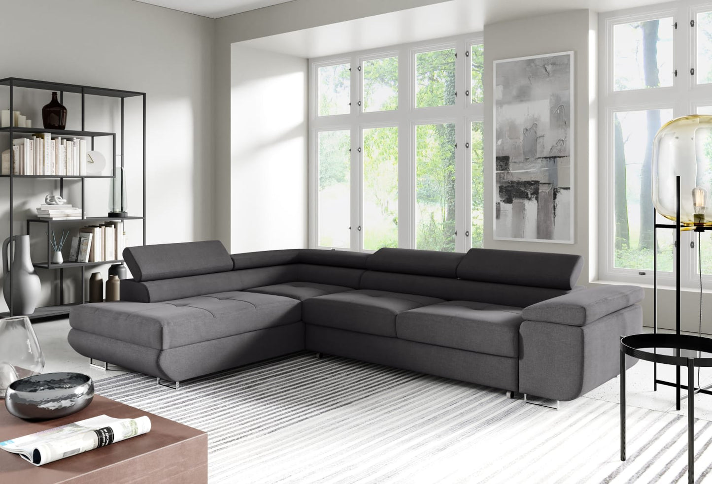 CANAPE TOULOUSE ANGLE CONVERTIBLE GAUCHE VELOURS BLEU SILVER 275x205cm