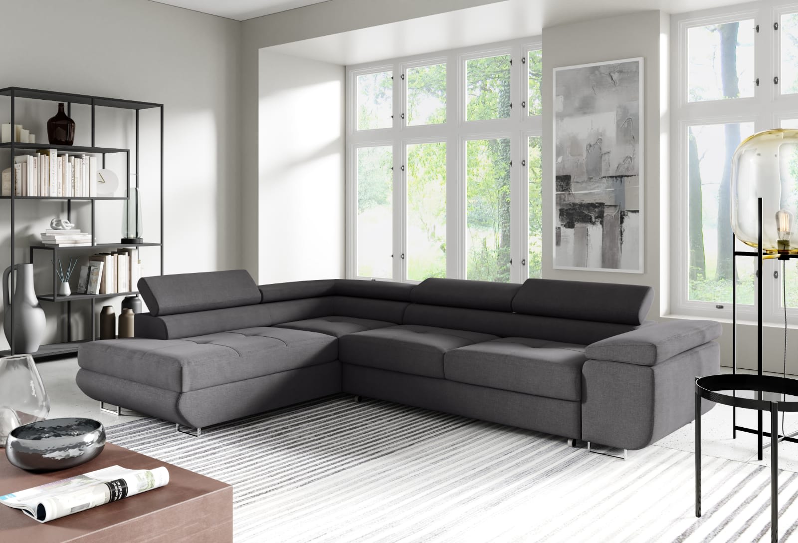 CANAPE TOULOUSE ANGLE CONVERTIBLE GAUCHE VELOURS BLEU SILVER 275x205cm