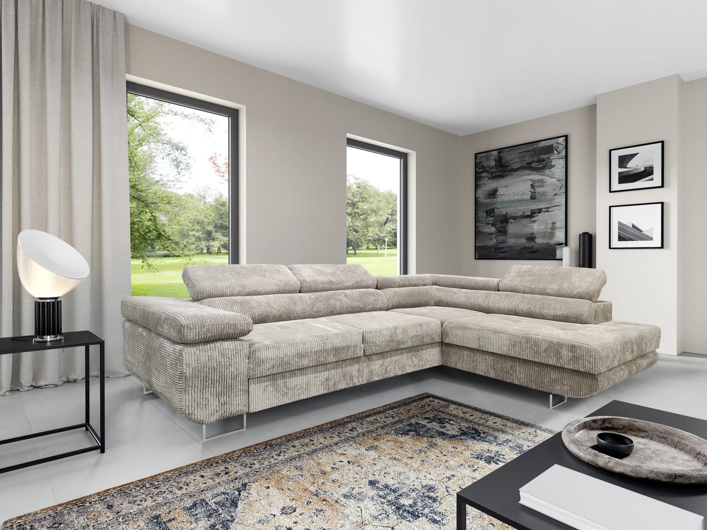 CANAPE TOULOUSE ANGLE DROIT CONVERTIBLE COTELE ECRU 275x205cm