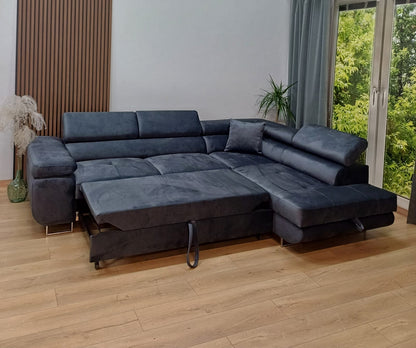 CANAPE TOULOUSE ANGLE DROIT CONVERTIBLE VELOURS BLEU SILVER 275x205cm