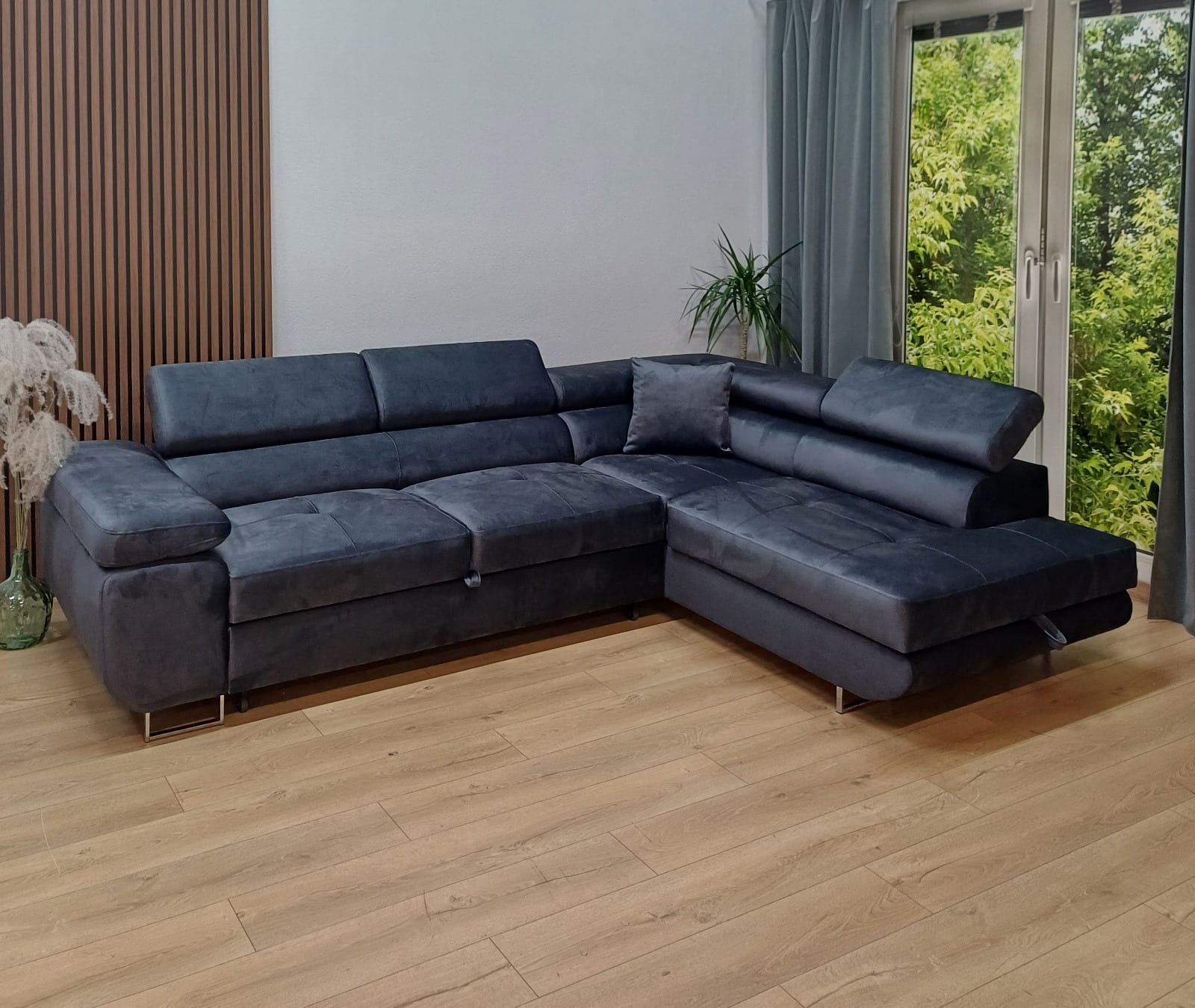 CANAPE TOULOUSE ANGLE DROIT CONVERTIBLE VELOURS BLEU SILVER 275x205cm