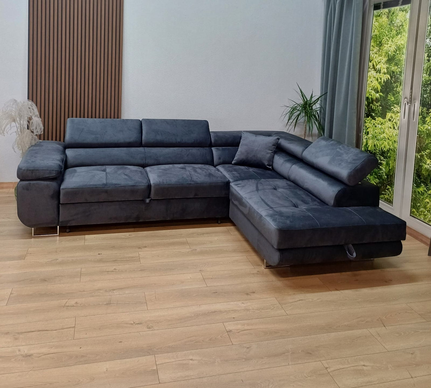 CANAPE TOULOUSE ANGLE DROIT CONVERTIBLE VELOURS BLEU SILVER 275x205cm