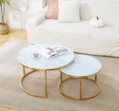 Ensemble de 2 Tables basses Gigogne Marbre Blanc Gold Brossé