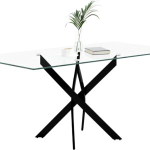 Table Repas JESSICA Métal noir et plateau en verre 150 cm 4 à 6 couverts