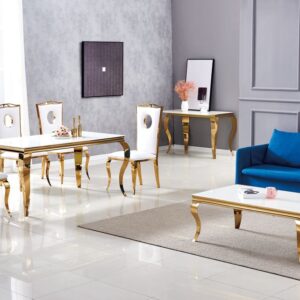 Table à manger BAROQUE 4 à 6 couverts pieds gold plateau en verre 150x90 cm