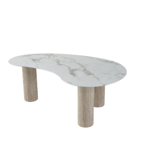 Table basse PYLONE pieds Beige et plateau en verre marbré blanc