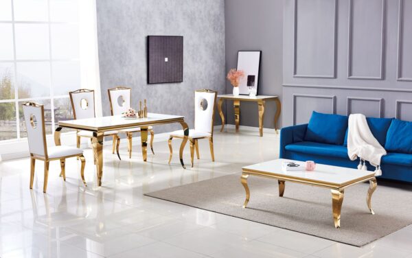 Table à manger BAROQUE 6 à 8 couverts pieds gold plateau en verre 180x90 cm