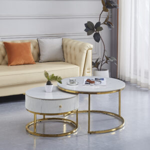 TABLE BASSE GIGOGNE SAMIRA AVEC TIROIR GOLD CERAMIQUE MARBRE BLANC 80+60cm