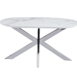 TABLE REPAS MANON PIED CHROME PLATEAU CERAMIQUE MARBRE BLANC 150x90cm