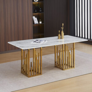 TABLE REPAS STALAX PIED GOLD PIERRE MARBRE BLANC 180X90x75CM