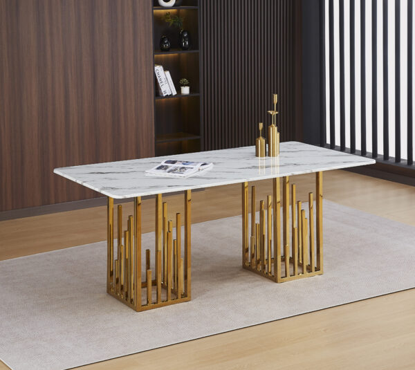 TABLE REPAS STALAX PIED GOLD PIERRE MARBRE BLANC 180X90x75CM