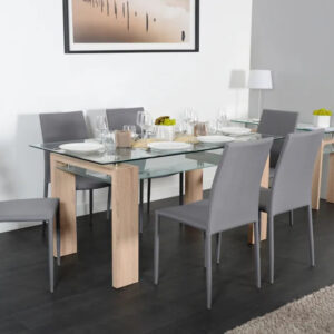 Table à manger en bois GLORIA plateau en verre trempé