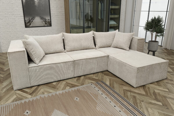 CANAPE MODULO 3+1 VELOURS COTELE ECRU ANGLE UNIVERSEL 305x192cm
