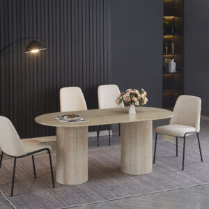 TABLE A MANGER COCO PIED EFFET TRAVERTIN PLATEAU CERAMIQUE TRAVERTIN 180X90X75cm