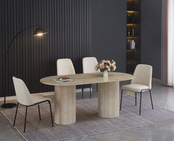 TABLE A MANGER COCO PIED EFFET TRAVERTIN PLATEAU CERAMIQUE TRAVERTIN 180X90X75cm