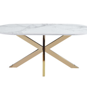 TABLE REPAS MANON PIED GOLD PLATEAU CERAMIQUE MARBRE BLANC 180x90cm
