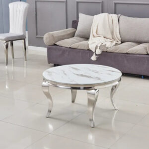 Table basse ronde baroque chrome et plateau en verre de 80 cm