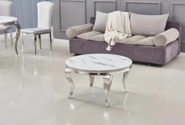 Table basse ronde baroque chrome et plateau en verre de 80 cm