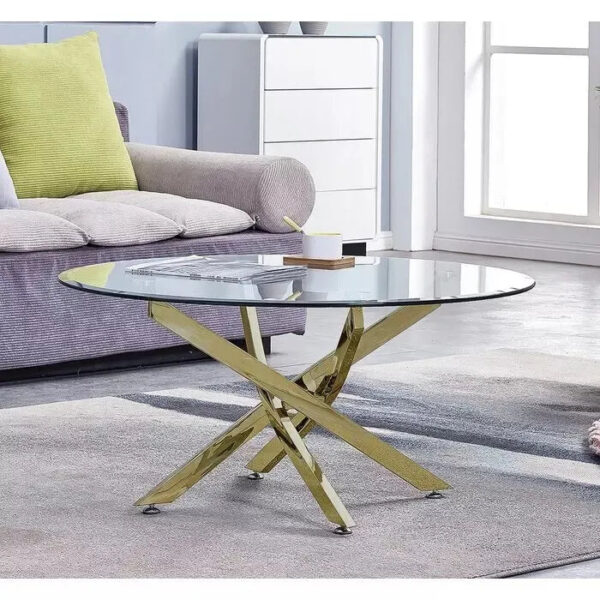 Table basse ronde JESSY pieds Gold et plateau en verre 80 cm