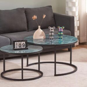 TABLE BASSE GIGOGNE ROMEO METAL NOIR MARBRE GRIS-VERT 80x45 + 6