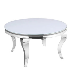 Table basse ronde baroque chrome et plateau en verre de 80 cm