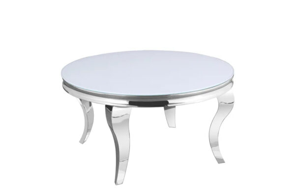 Table basse ronde baroque chrome et plateau en verre de 80 cm