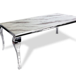 Table à manger BAROQUE 6 à 8 couverts pieds chrome plateau en verre 180x90 cm