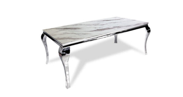 Table à manger BAROQUE 6 à 8 couverts pieds chrome plateau en verre 180x90 cm