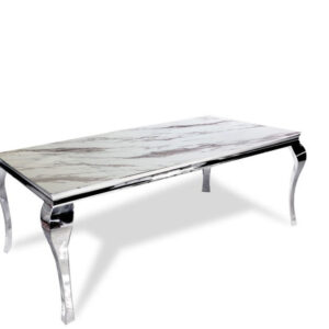 Table à manger BAROQUE 4 à 6 couverts pieds chrome plateau en verre 150x90 cm