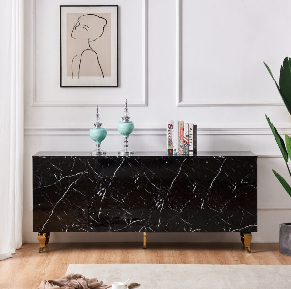 BUFFET BAROQUE LAQUE MARBRE NOIR 4 PORTES 180X40X80 CM PIEDS GO