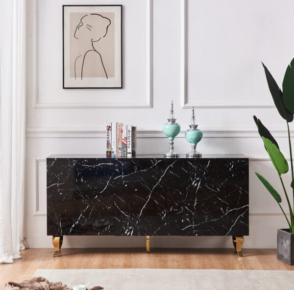 BUFFET BAROQUE LAQUE MARBRE NOIR 3 PORTES 160X40X80 CM PIEDS GO