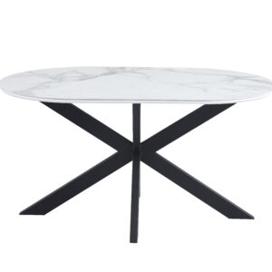 TABLE REPAS MANON PIED METAL NOIR PLATEAU CERAMIQUE MARBRE BLANC 150X90cm