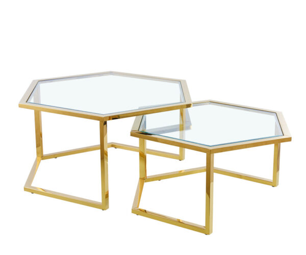 Lot de 2 tables basses Gigogne HEXAGONA structure Gold et plateau en verre