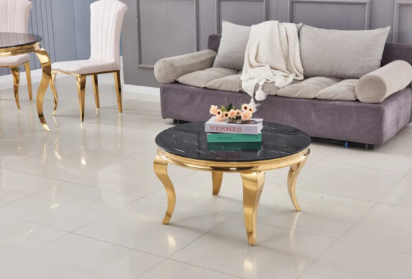 Table basse ronde baroque Gold et plateau en verre de 80 cm