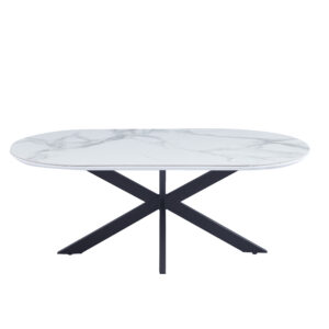TABLE BASSE MANON PIED METAL NOIR PLATEAU CERAMIQUE MARBRE BLANC 120X60CM