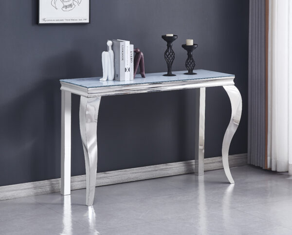 CONSOLE BAROQUE CHROME VERRE MARBRE BLANC 120X40X78