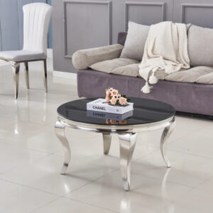 Table basse ronde baroque chrome et plateau en verre de 80 cm
