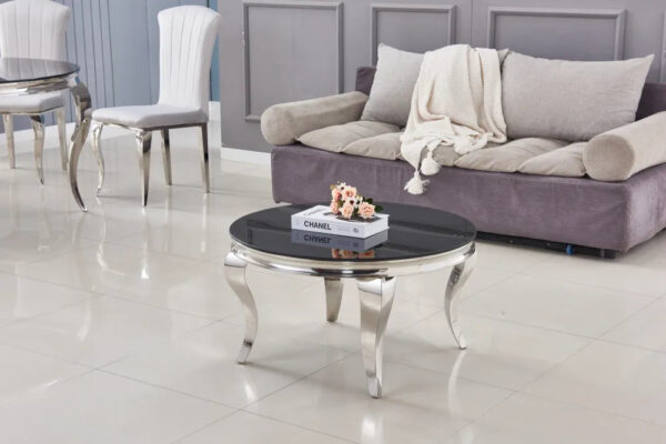Table basse ronde baroque chrome et plateau en verre de 80 cm