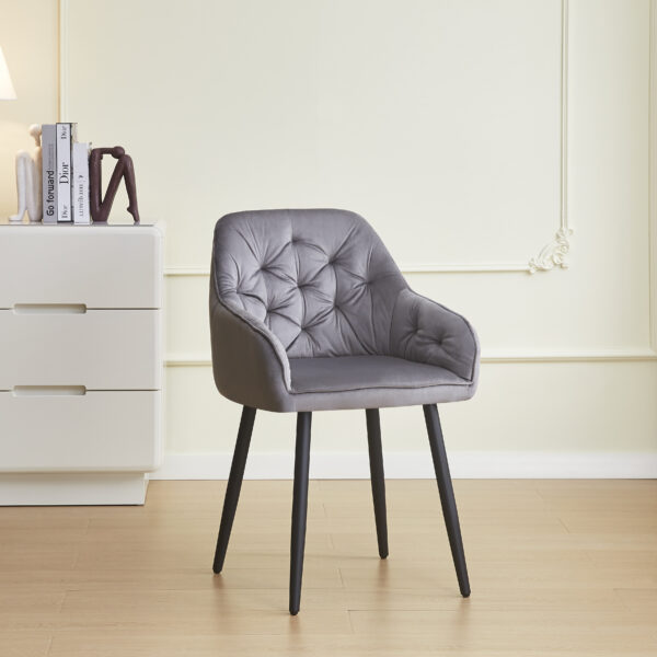 CHAISE AVEC ACCOUDOIR JADE PIEDS METAL NOIR VELOURS GRIS