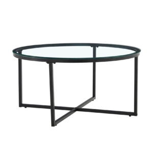 Table basse ronde LORIE métal noir plateau en verre D90 cm