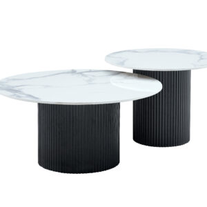 TABLE BASSE GIGOGNE MINA PIED NOIR PLATEAU CERAMIQUE MARBRE BLANC (BLB) 60x45cm + 80x38cm